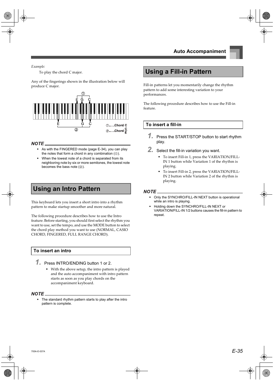 Using an intro pattern, Using a fill-in pattern | Casio CTK-691 User Manual | Page 37 / 122
