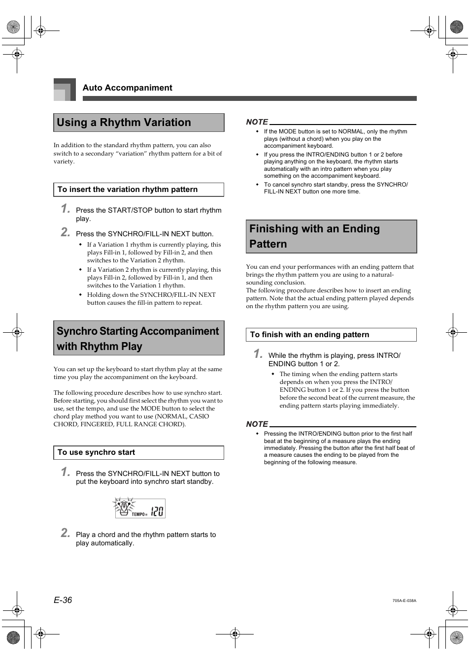 Using a rhythm variation, Synchro starting accompaniment with rhythm play, Finishing with an ending pattern | Casio CTK-691 User Manual | Page 38 / 122