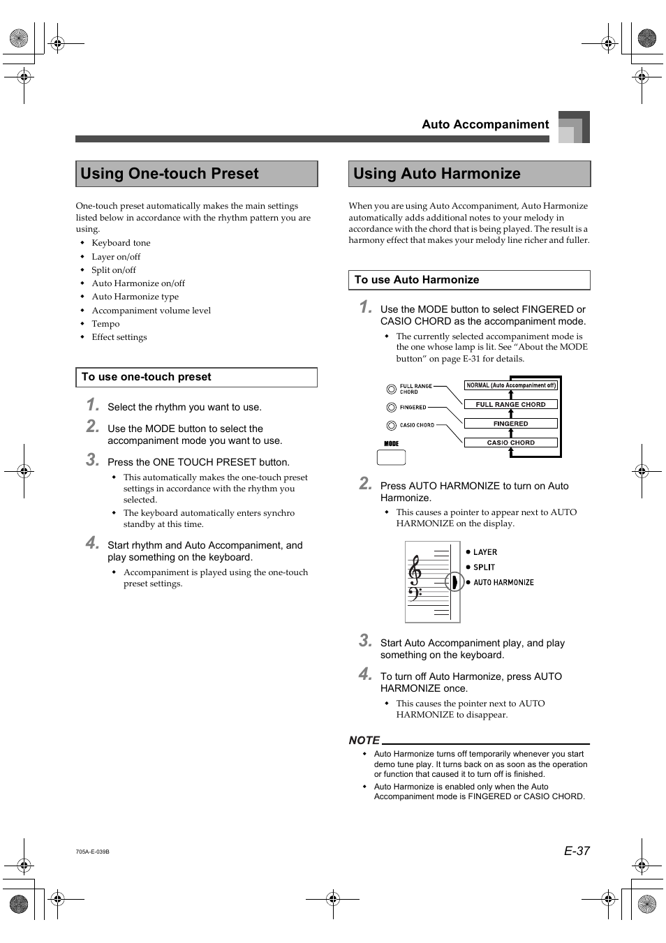 Using one-touch preset, Using auto harmonize | Casio CTK-691 User Manual | Page 39 / 122