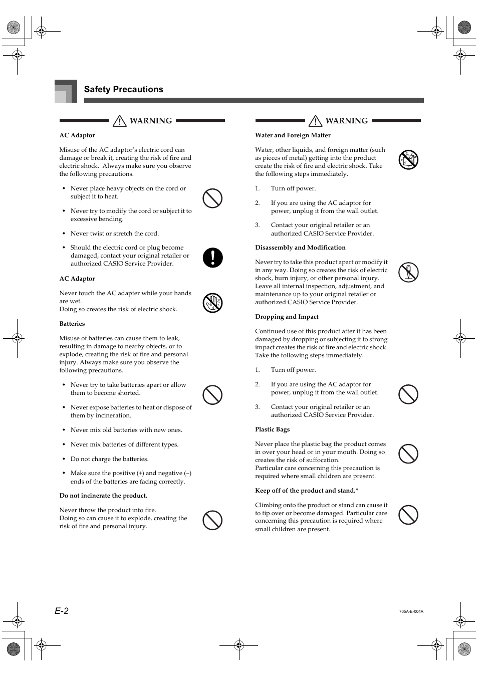 Safety precautions e-2 | Casio CTK-691 User Manual | Page 4 / 122