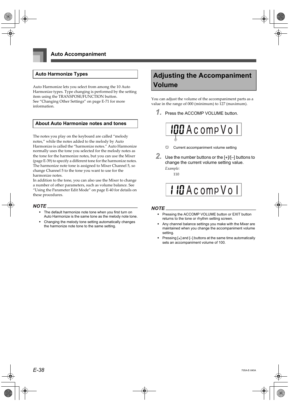 Adjusting the accompaniment volume, Auto accompaniment e-38 | Casio CTK-691 User Manual | Page 40 / 122