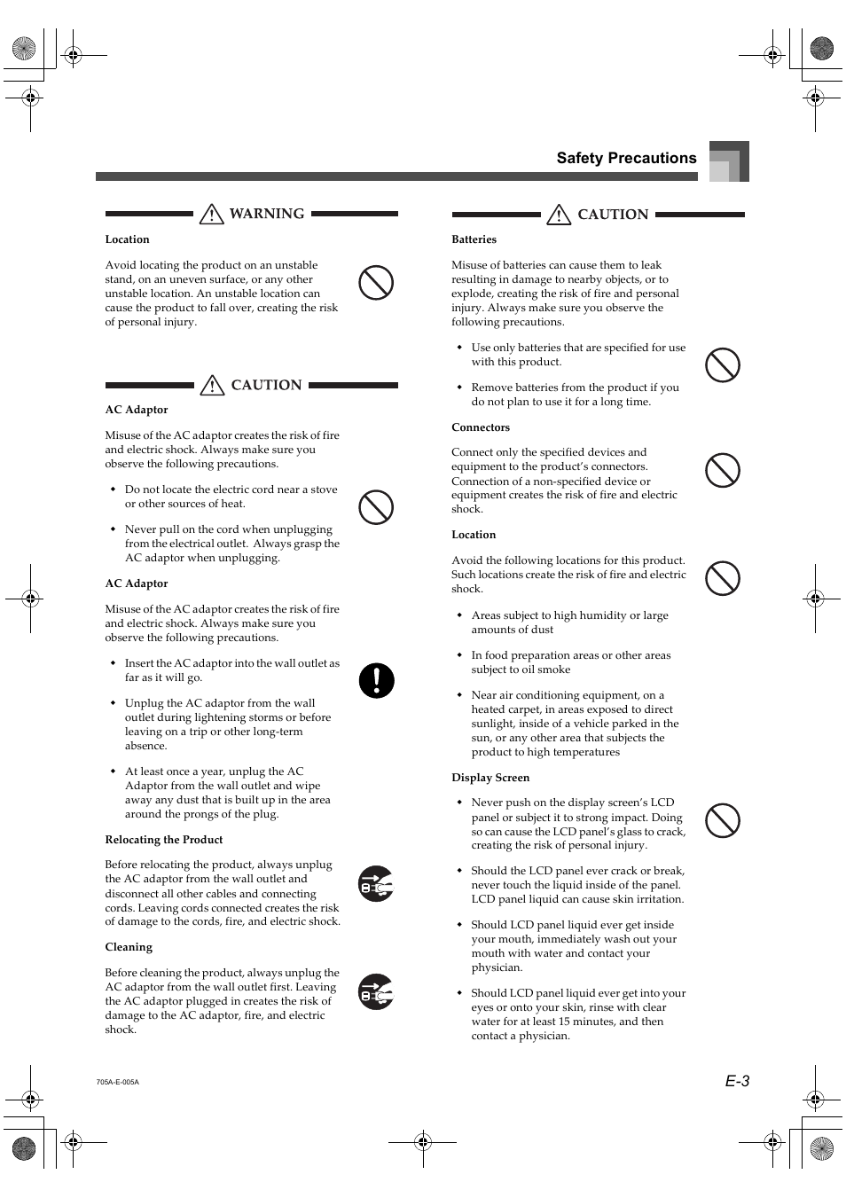 E-3 safety precautions | Casio CTK-691 User Manual | Page 5 / 122