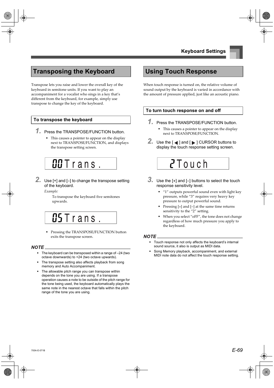 Transposing the keyboard, Using touch response | Casio CTK-691 User Manual | Page 71 / 122