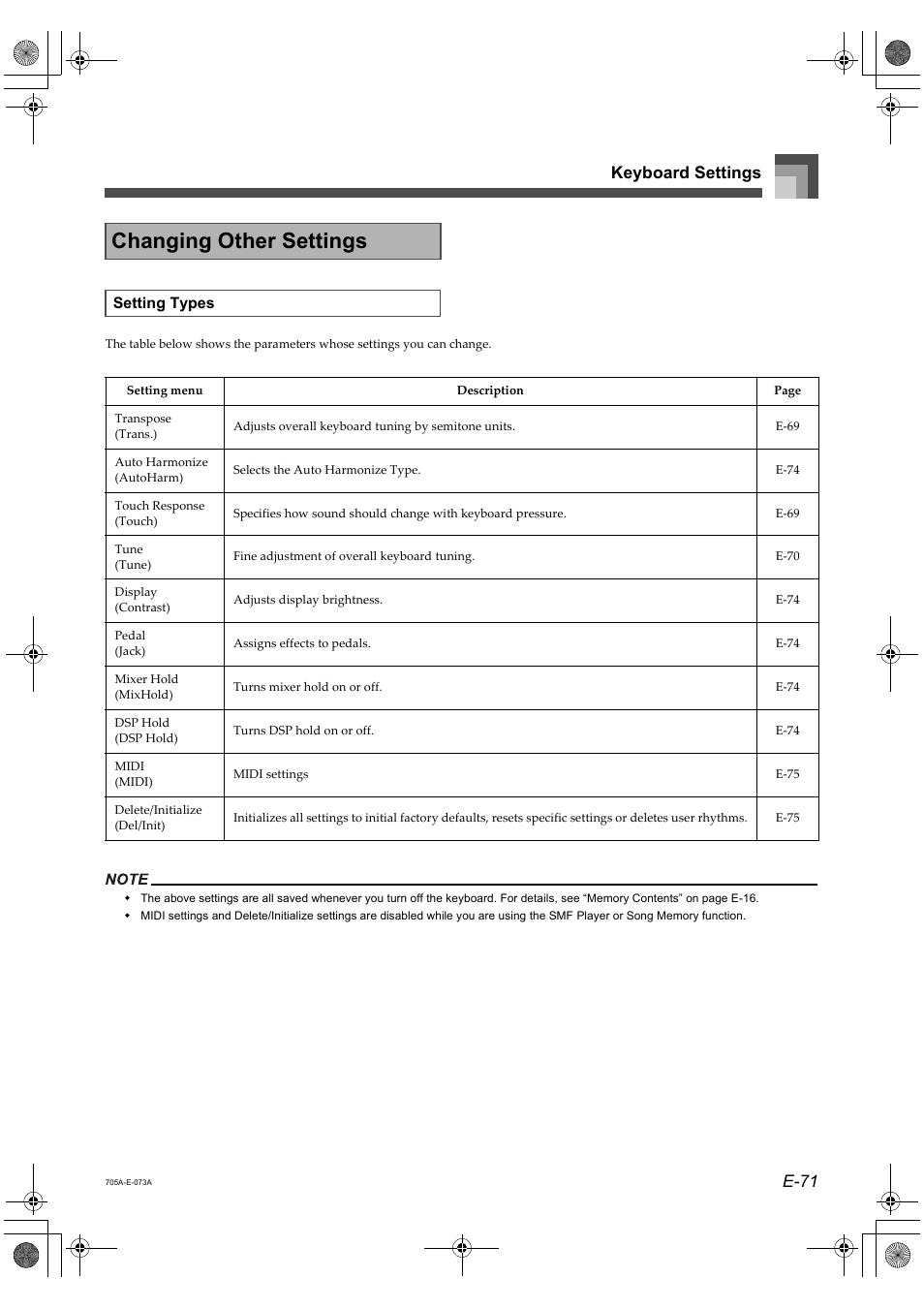 Changing other settings, E-71 keyboard settings | Casio CTK-691 User Manual | Page 73 / 122