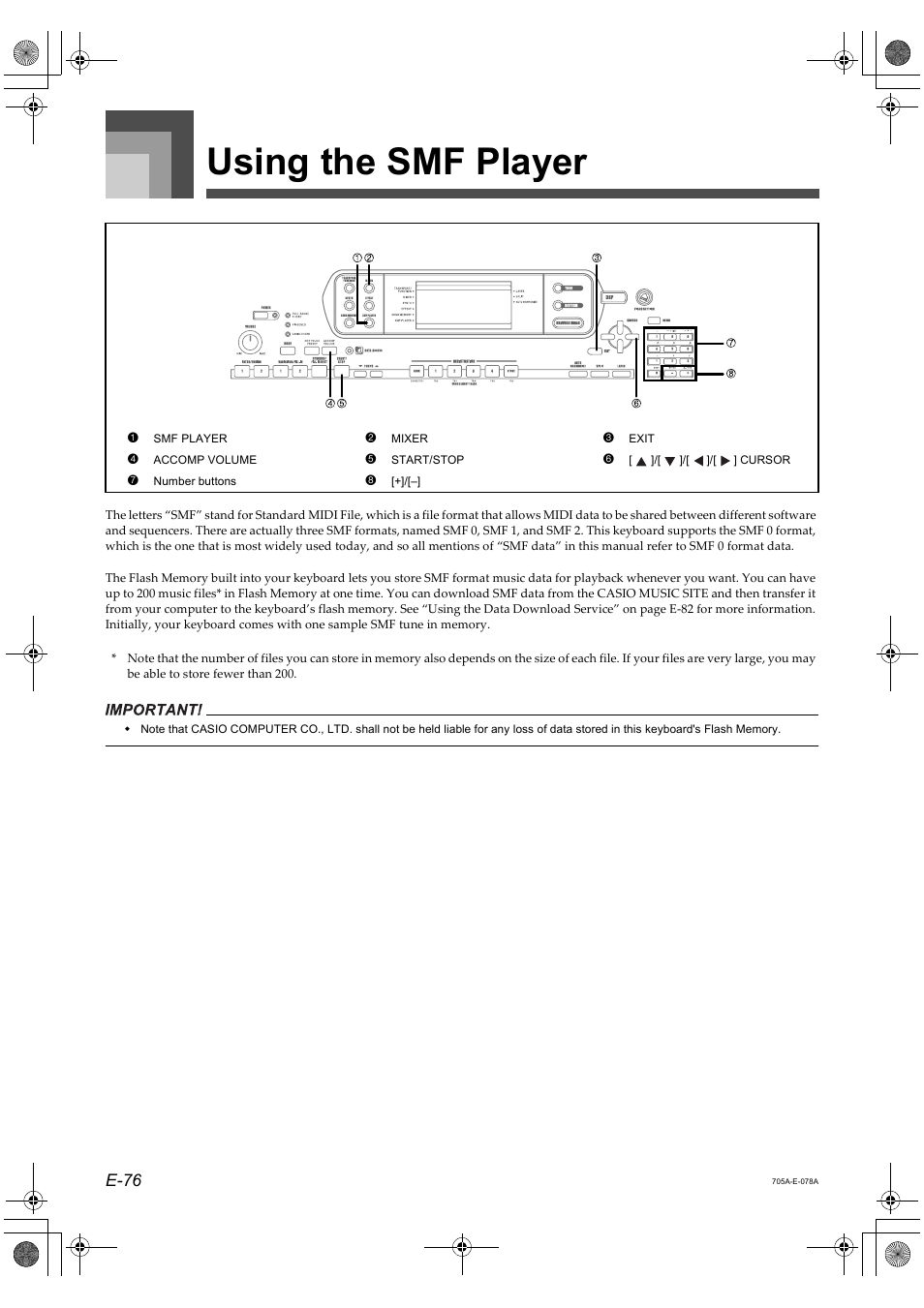 Using the smf player, E-76 | Casio CTK-691 User Manual | Page 78 / 122