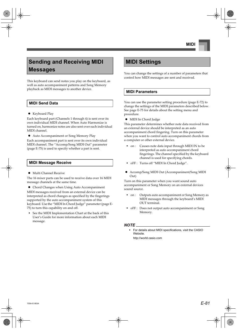 Sending and receiving midi messages, Midi settings, E-81 midi | Casio CTK-691 User Manual | Page 83 / 122