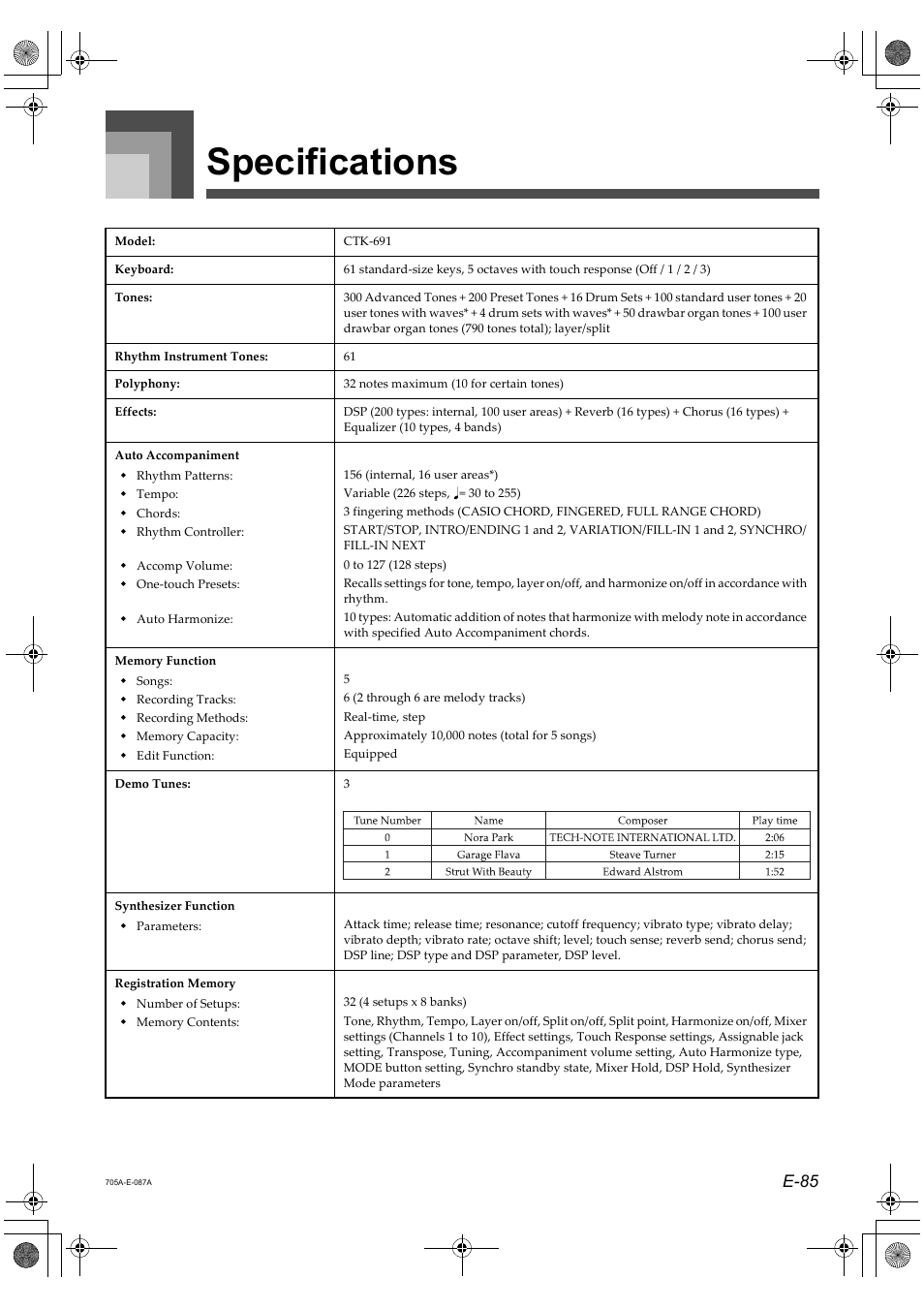 Specifications, E-85 | Casio CTK-691 User Manual | Page 87 / 122