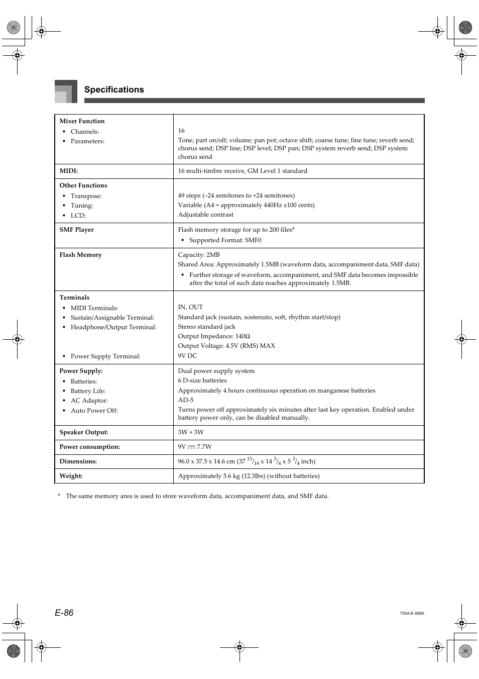 Specifications e-86 | Casio CTK-691 User Manual | Page 88 / 122