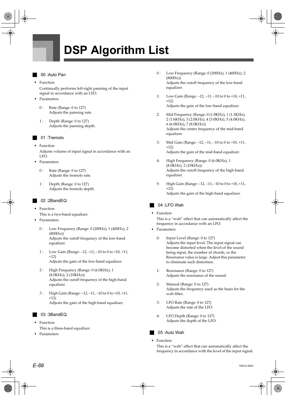 Dsp algorithm list, E-88 | Casio CTK-691 User Manual | Page 90 / 122