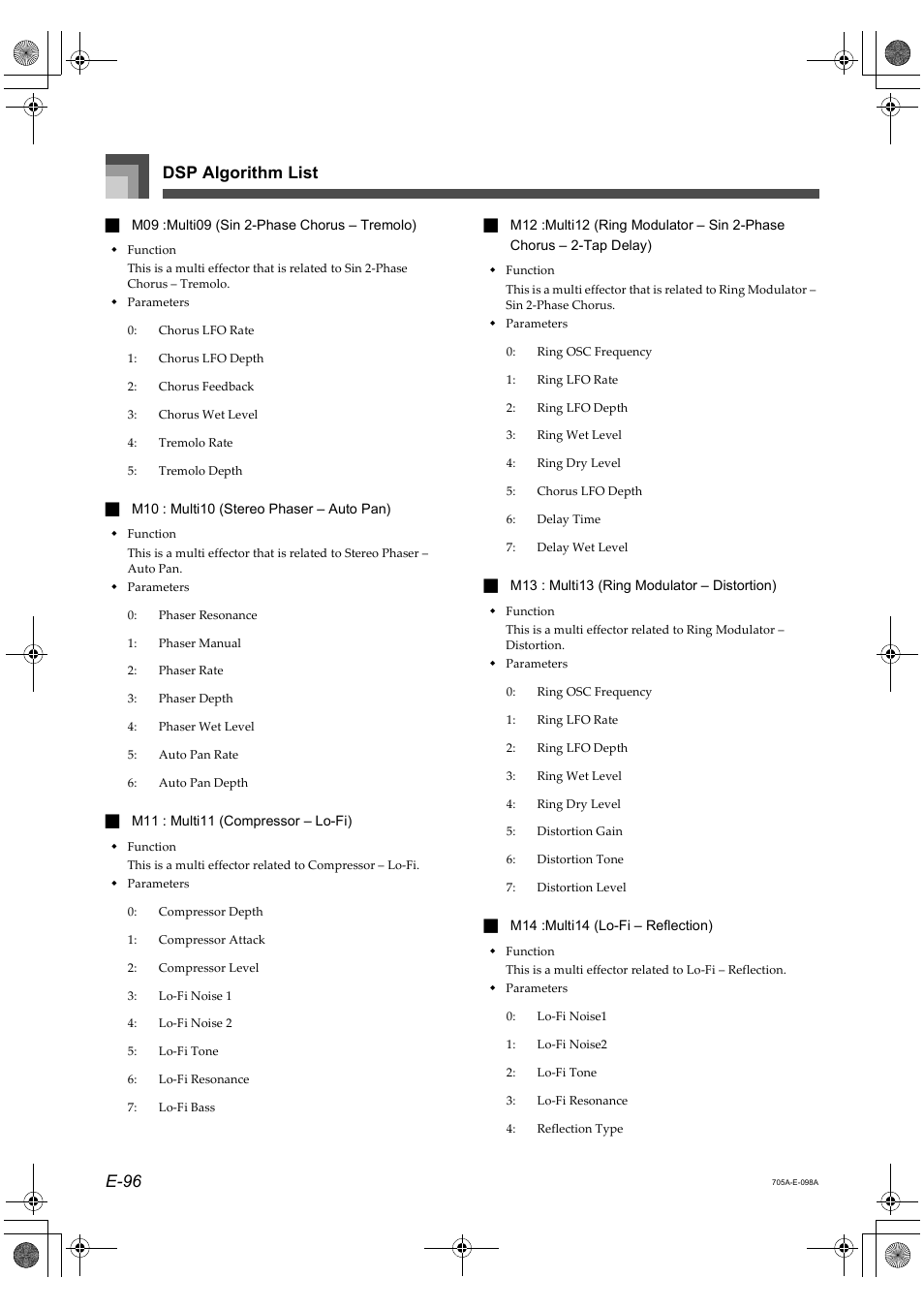 Dsp algorithm list e-96 | Casio CTK-691 User Manual | Page 98 / 122