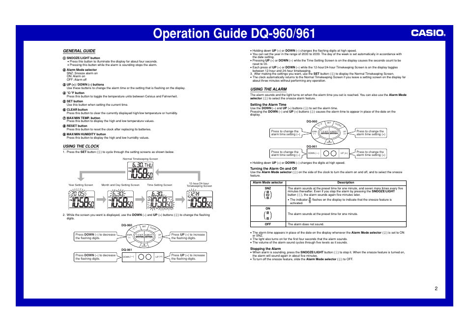 General guide, Using the clock, Using the alarm | Casio DQ-961 User Manual | Page 2 / 3