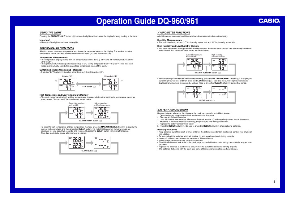 Using the light, Thermometer functions, Hygrometer functions | Battery replacement | Casio DQ-961 User Manual | Page 3 / 3