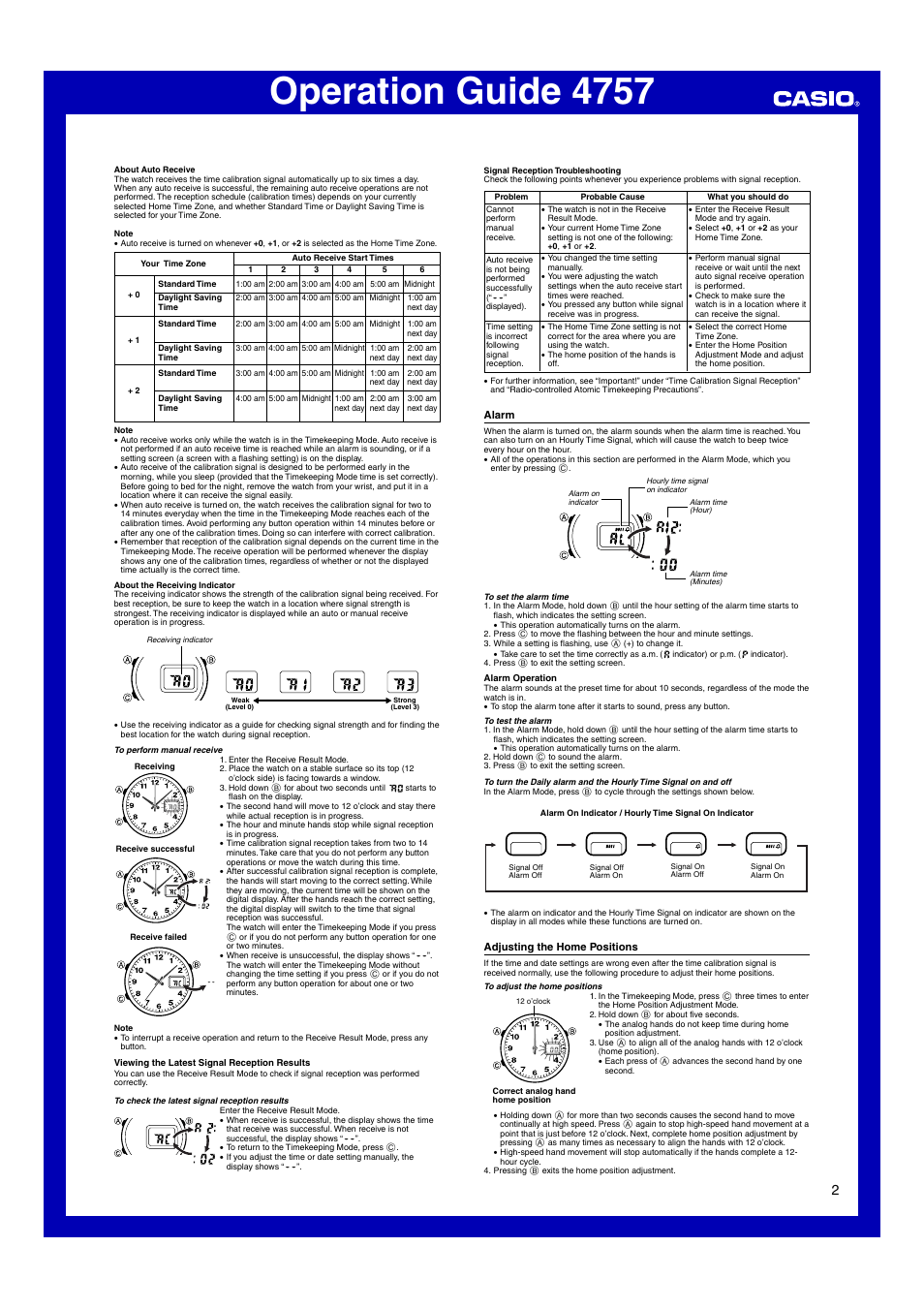 Alarm, Adjusting the home positions, Operation guide 4757 | Casio 4757 User Manual | Page 2 / 4