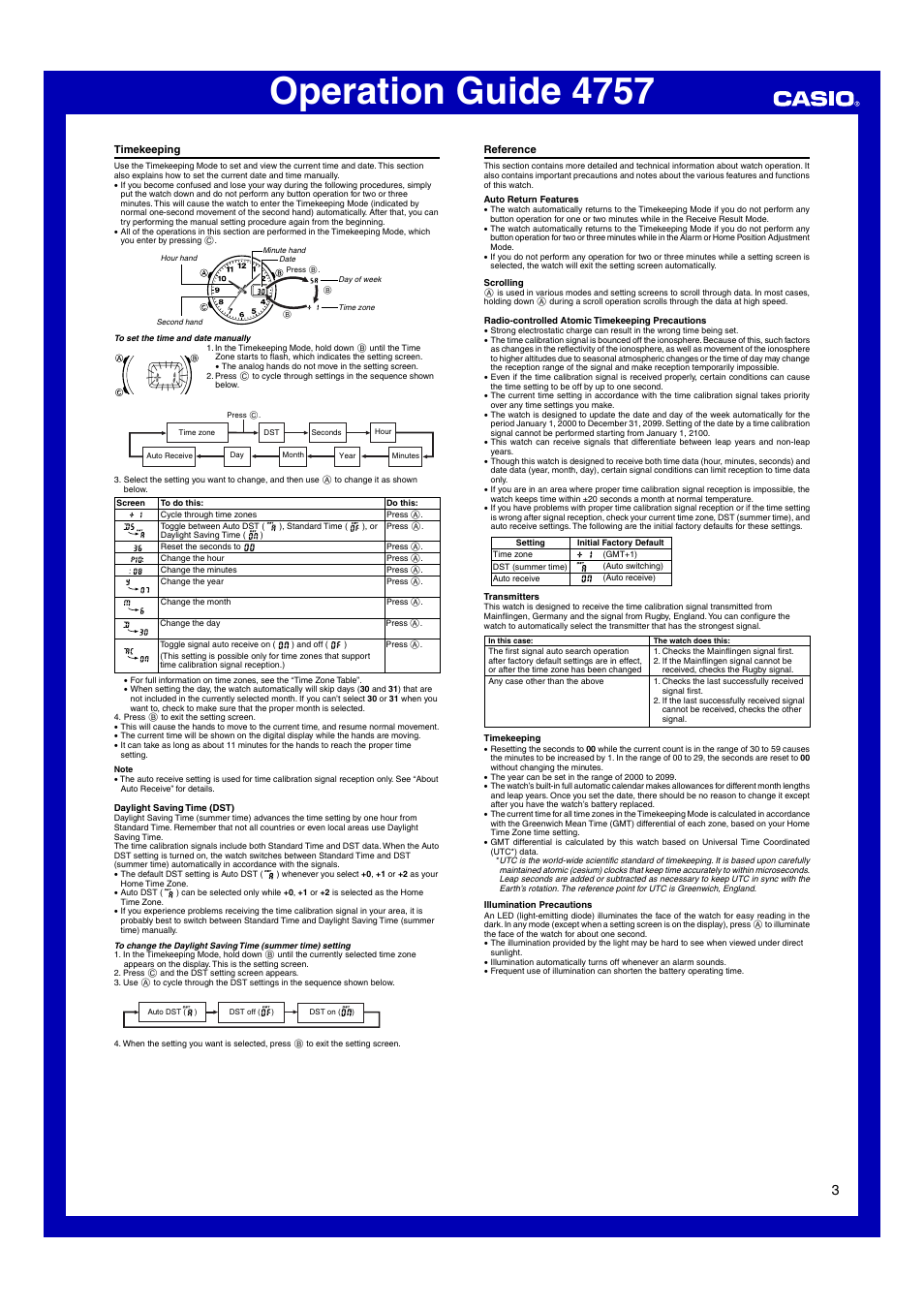 Timekeeping, Reference, Operation guide 4757 | Casio 4757 User Manual | Page 3 / 4