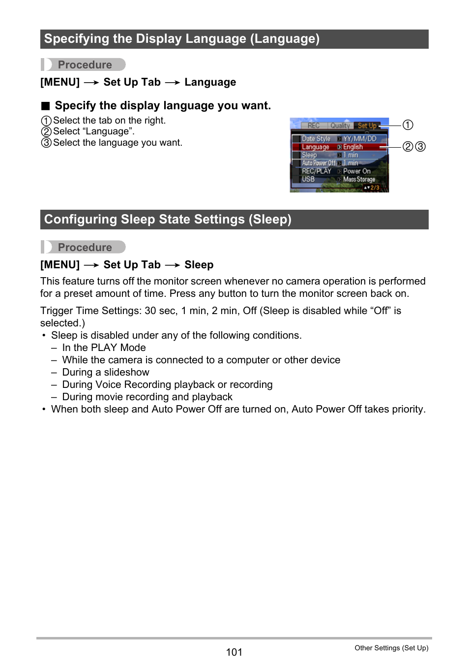 Specifying the display language (language), Configuring sleep state settings (sleep) | Casio EX-Z155 User Manual | Page 101 / 137