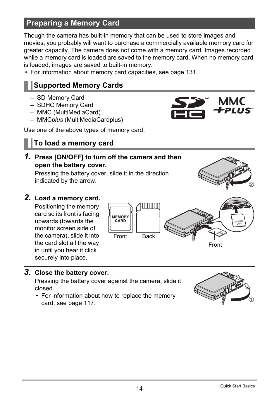 Preparing a memory card, Supported memory cards, To load a memory card | Casio EX-Z155 User Manual | Page 14 / 137