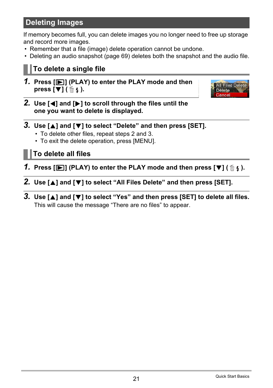 Deleting images, To delete a single file, To delete all files | Casio EX-Z155 User Manual | Page 21 / 137