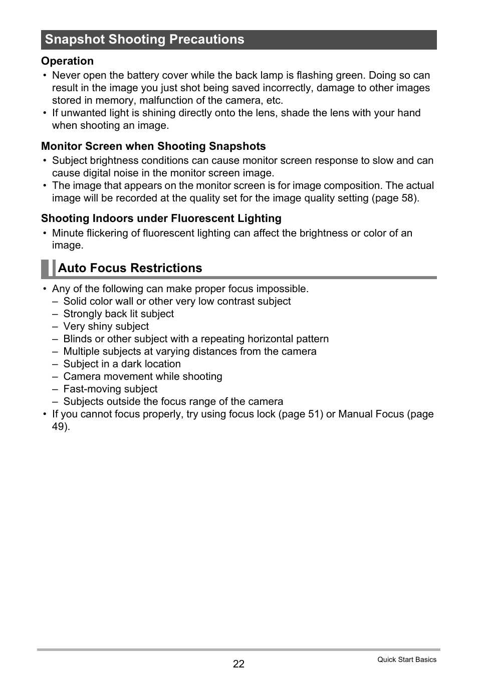 Snapshot shooting precautions, Auto focus restrictions | Casio EX-Z155 User Manual | Page 22 / 137