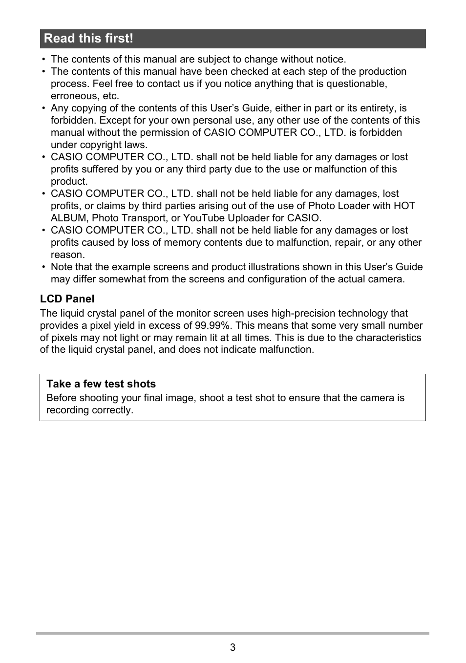 Read this first | Casio EX-Z155 User Manual | Page 3 / 137
