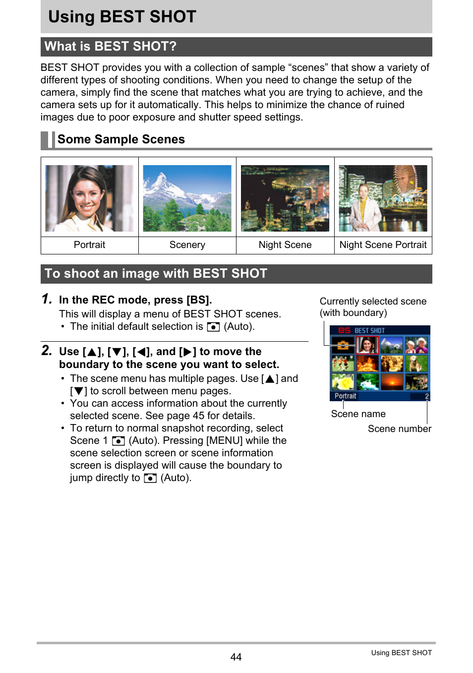 Using best shot, What is best shot, Some sample scenes | To shoot an image with best shot | Casio EX-Z155 User Manual | Page 44 / 137