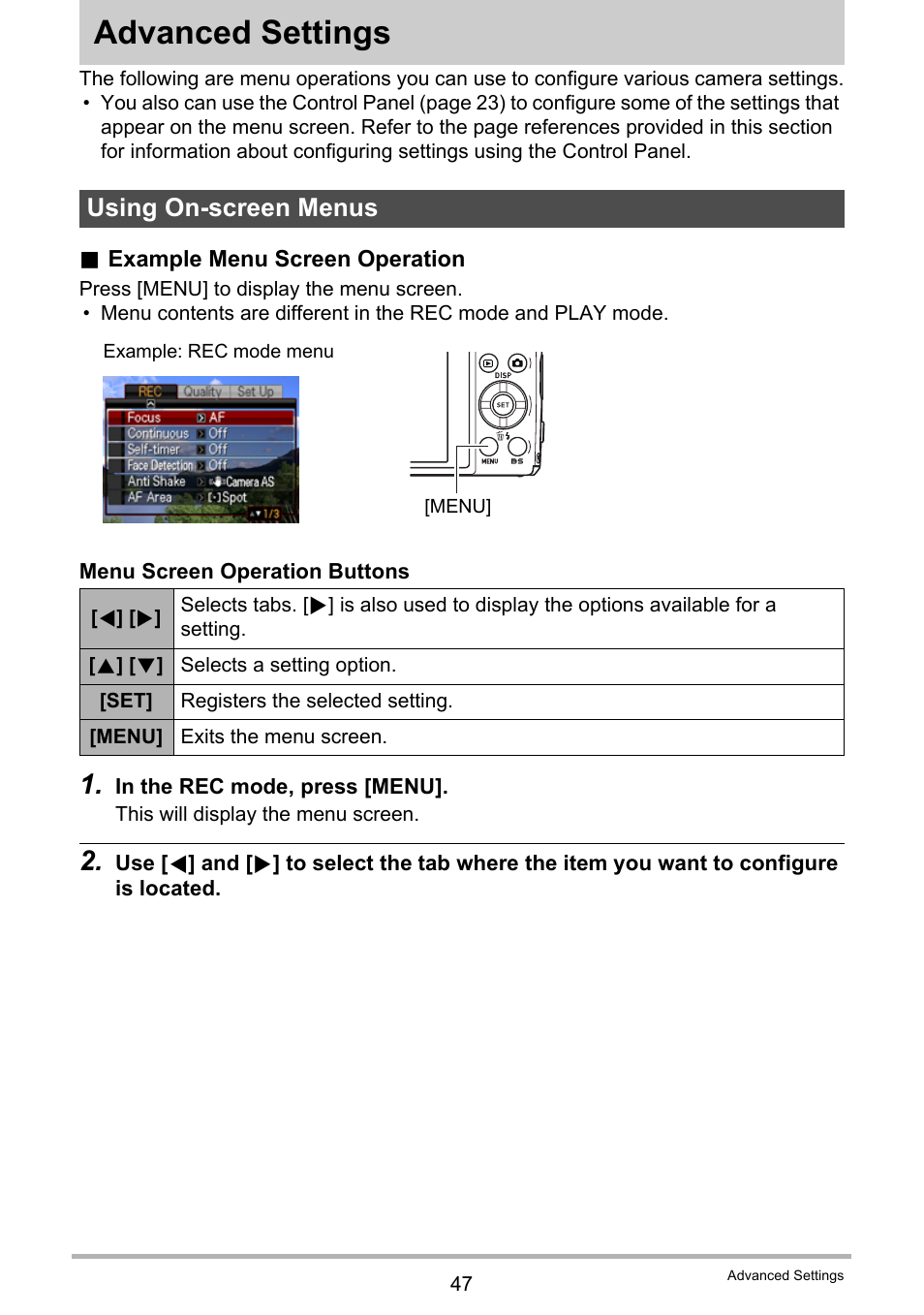 Advanced settings, Using on-screen menus | Casio EX-Z155 User Manual | Page 47 / 137
