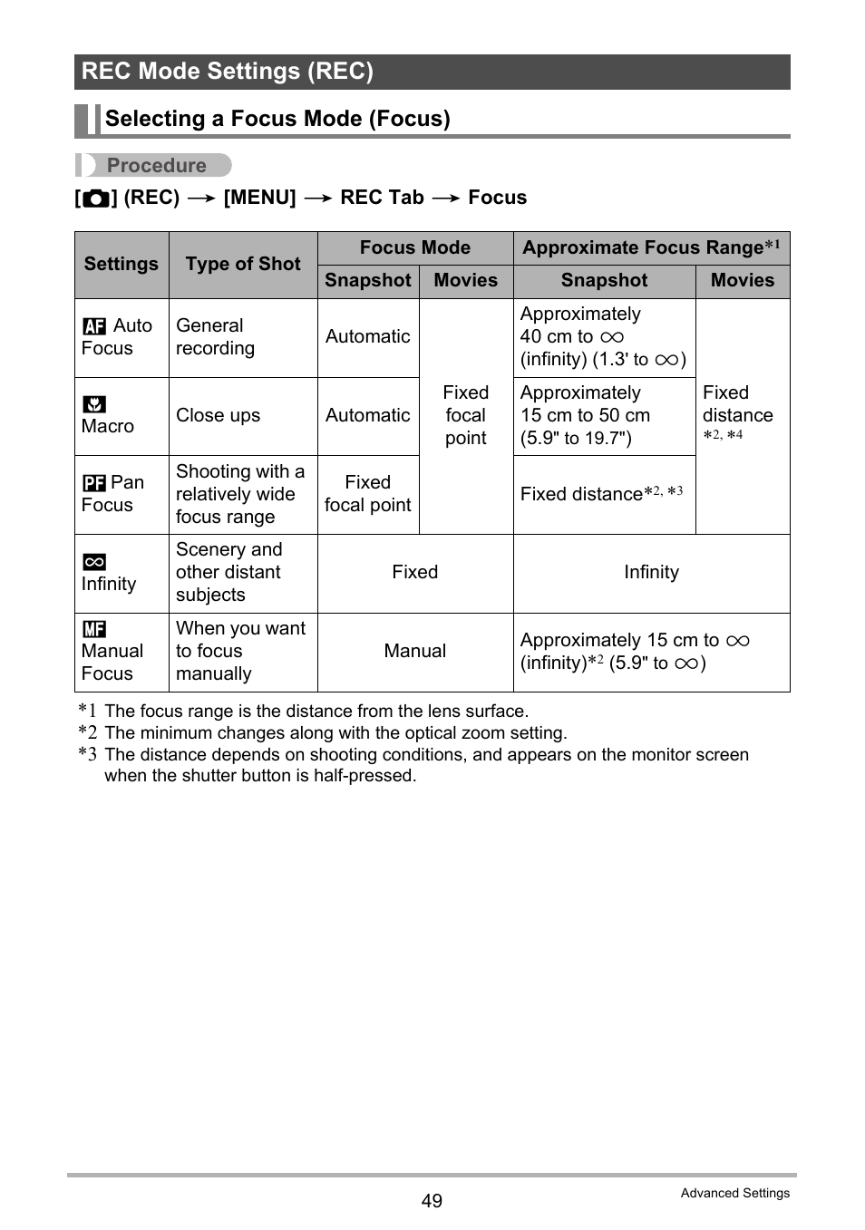 Rec mode settings (rec), Selecting a focus mode (focus) | Casio EX-Z155 User Manual | Page 49 / 137