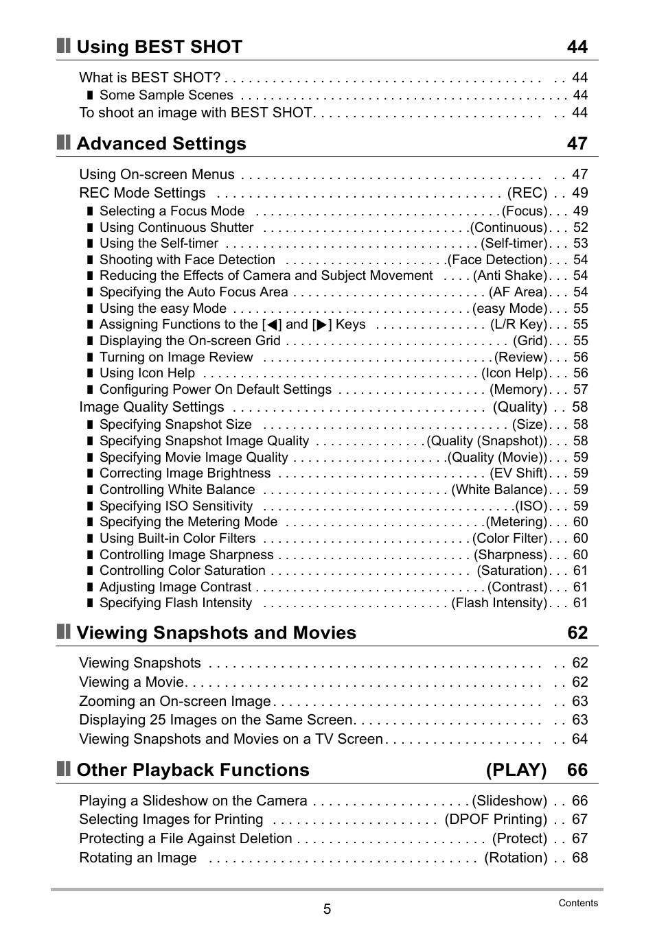 Using best shot 44, Advanced settings 47, Viewing snapshots and movies 62 | Other playback functions (play) 66 | Casio EX-Z155 User Manual | Page 5 / 137