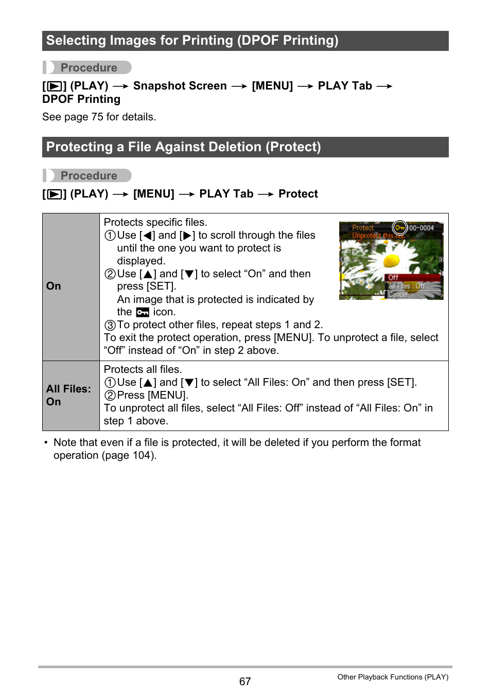 Selecting images for printing (dpof printing), Protecting a file against deletion (protect) | Casio EX-Z155 User Manual | Page 67 / 137