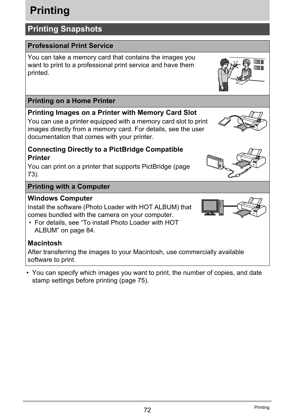 Printing, Printing snapshots | Casio EX-Z155 User Manual | Page 72 / 137