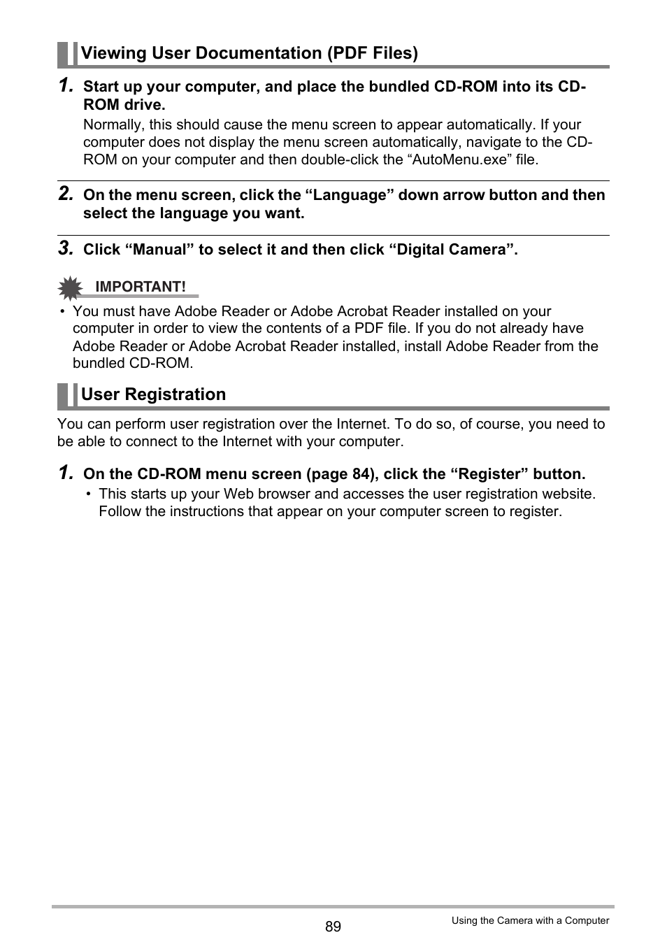 Viewing user documentation (pdf files), User registration | Casio EX-Z155 User Manual | Page 89 / 137