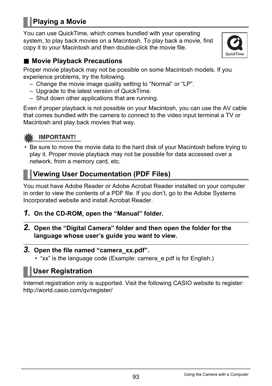 Playing a movie, Viewing user documentation (pdf files), User registration | Casio EX-Z155 User Manual | Page 93 / 137