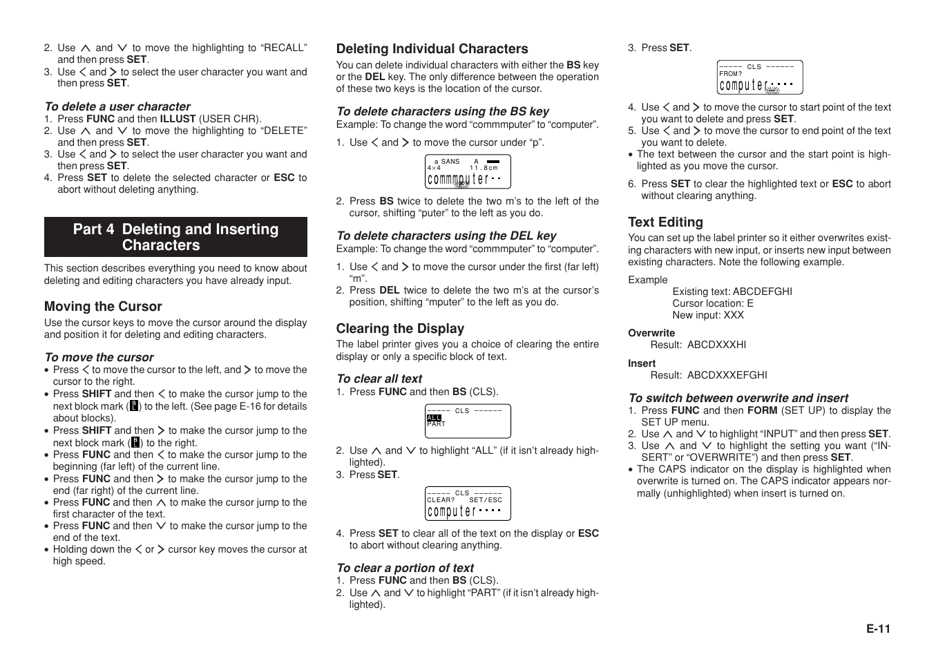 Part 4 deleting and inserting characters, Moving the cursor, Deleting individual characters | Clearing the display, Text editing | Casio KL-8100 User Manual | Page 12 / 31