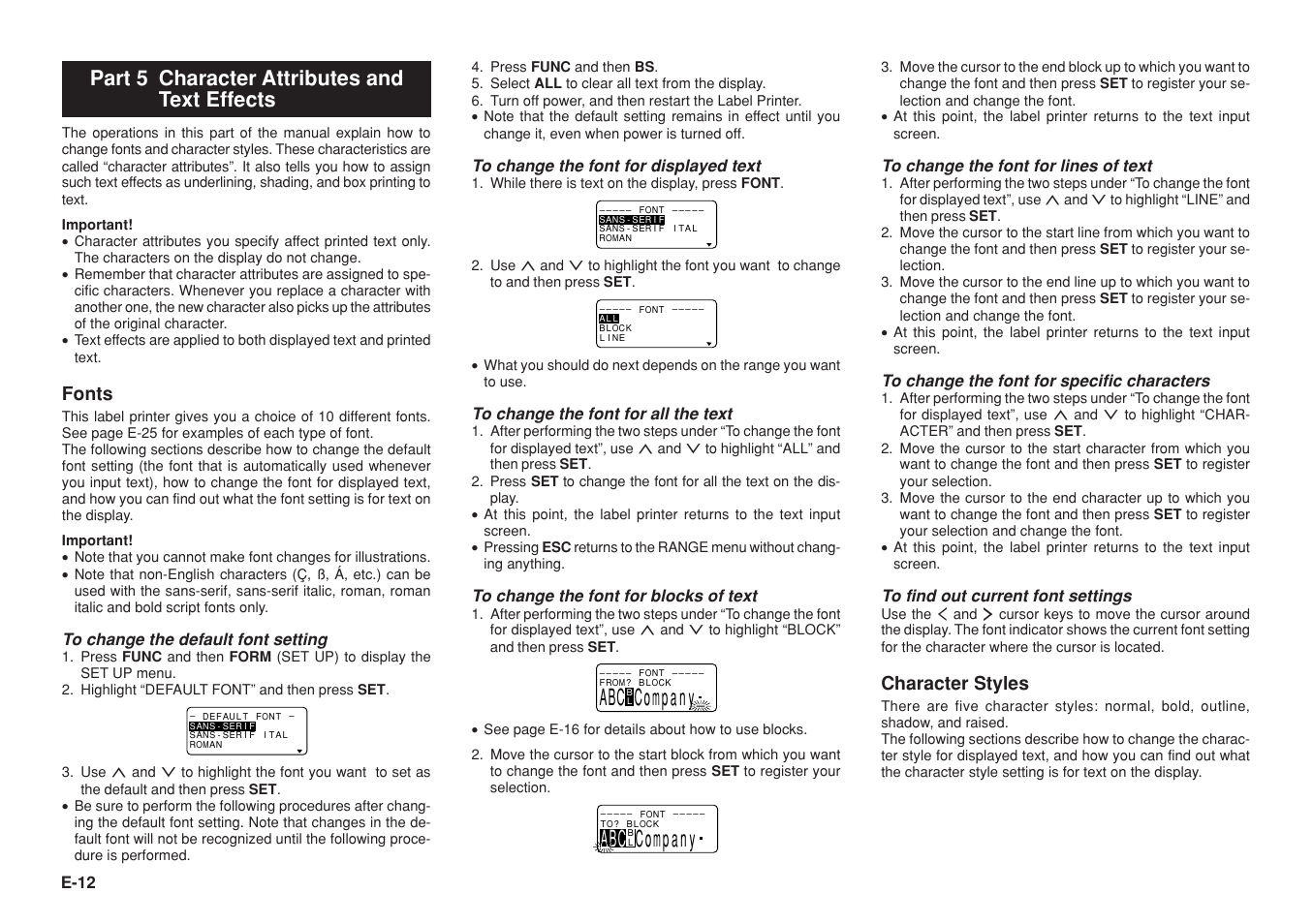 Part 5 character attributes and text effects, Fonts, Character styles | E-12 | Casio KL-8100 User Manual | Page 13 / 31