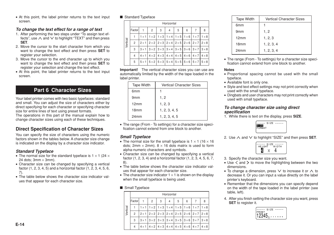 Part 6 character sizes, Direct specification of character sizes, E-14 | Standard typeface, Small typeface | Casio KL-8100 User Manual | Page 15 / 31