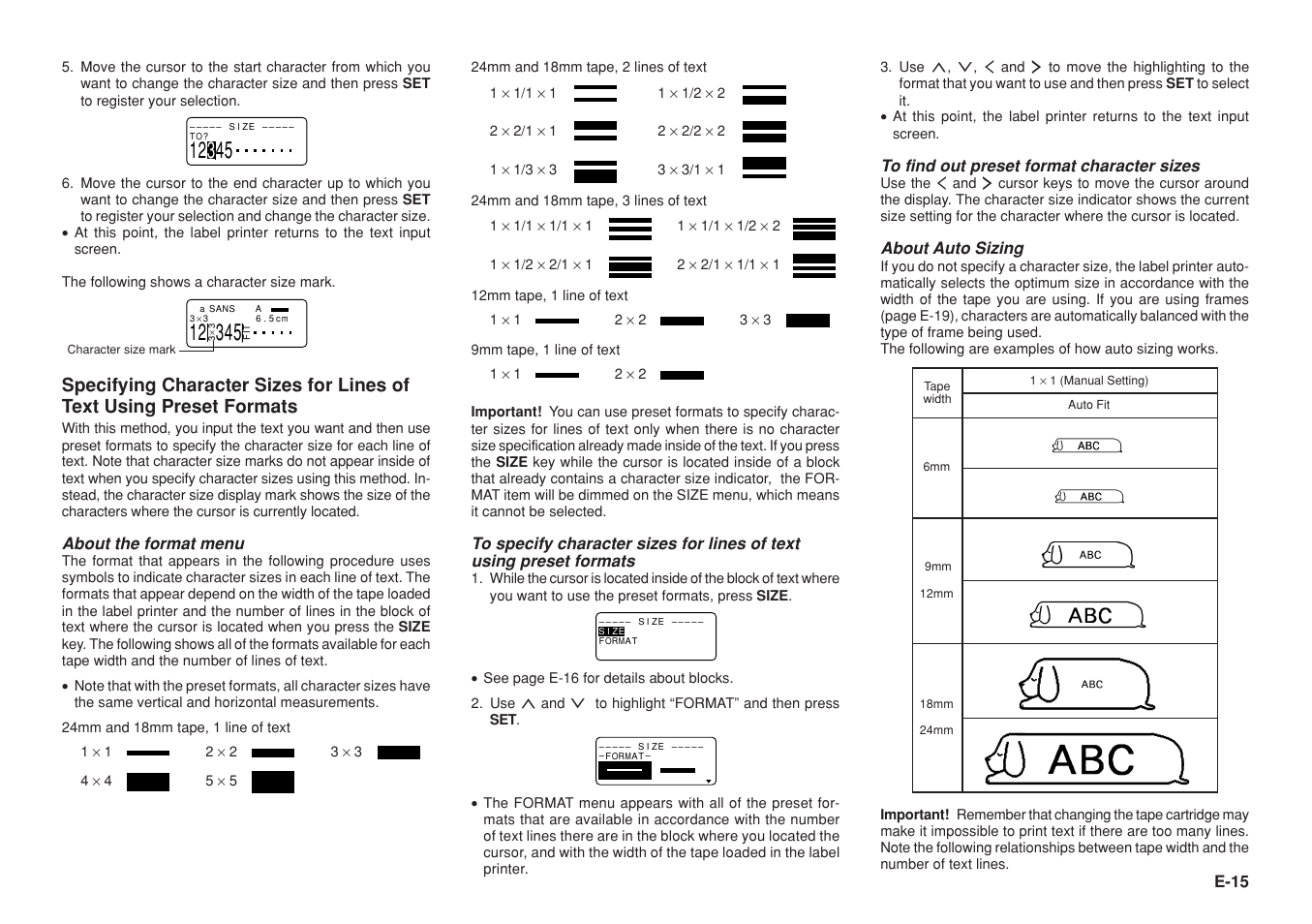 E-15, About the format menu, About auto sizing | Casio KL-8100 User Manual | Page 16 / 31