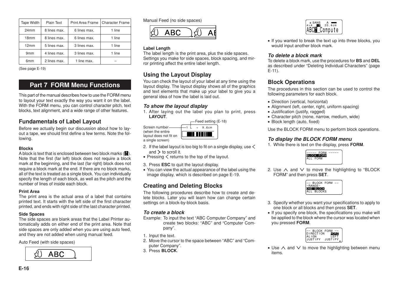 Part 7 form menu functions, Block operations, Fundamentals of label layout | Using the layout display, Creating and deleting blocks, E-16 | Casio KL-8100 User Manual | Page 17 / 31