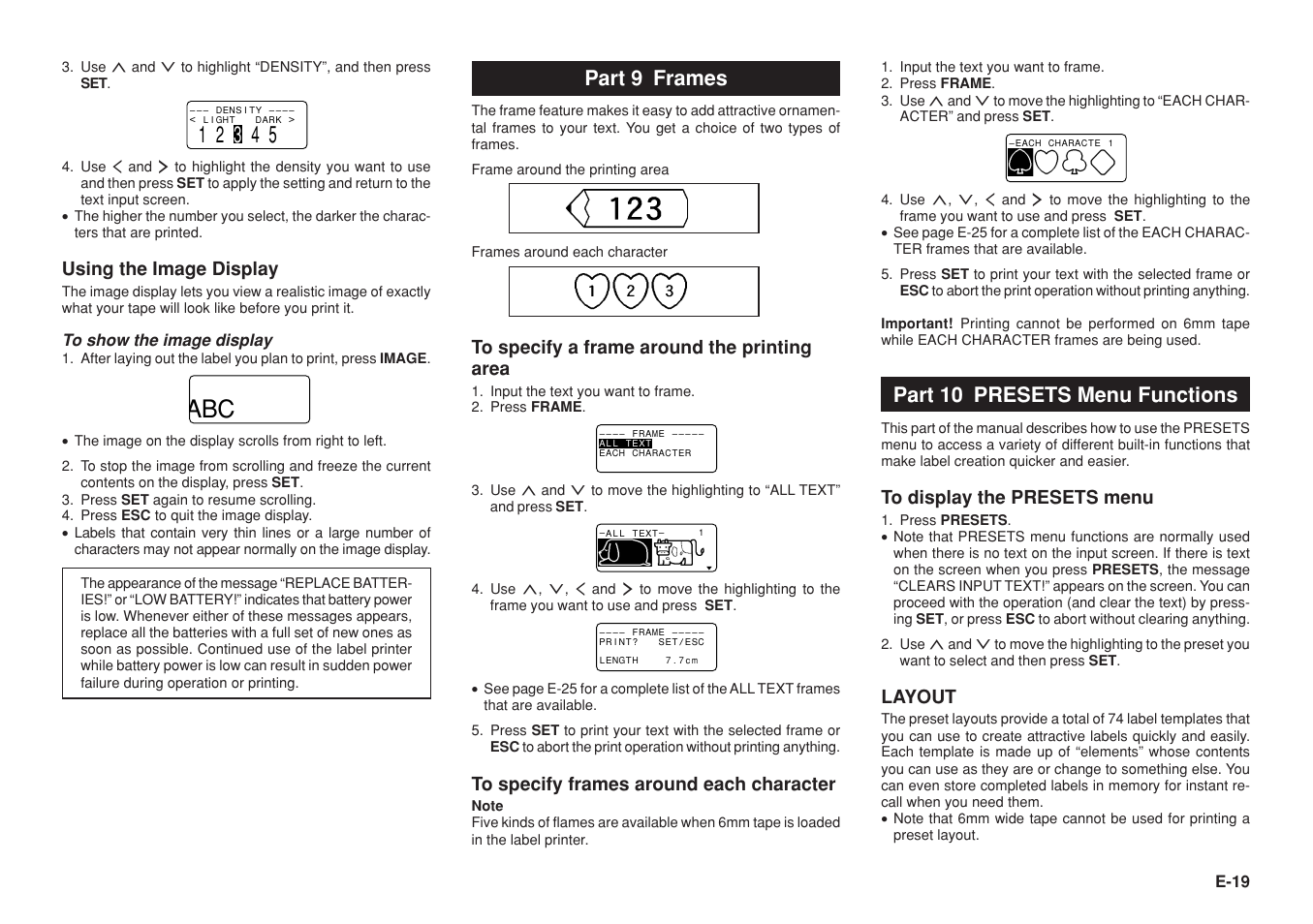 Part 10 presets menu functions, Part 9 frames, Using the image display | Layout, E-19 | Casio KL-8100 User Manual | Page 20 / 31