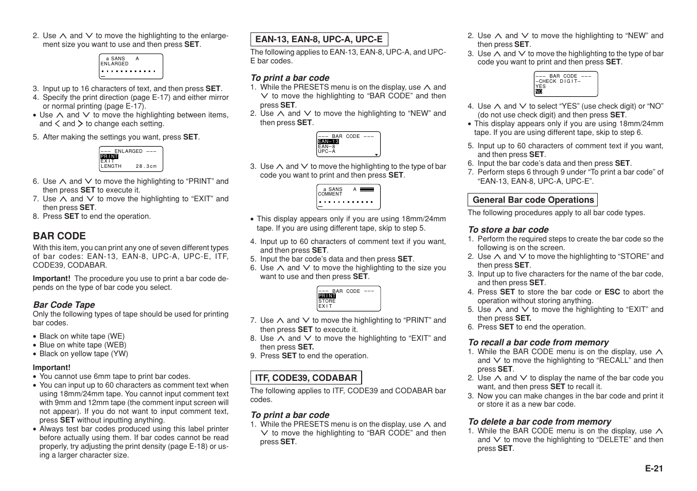 Bar code, E-21, Bar code tape | Ean-13, ean-8, upc-a, upc-e, Itf, code39, codabar, General bar code operations | Casio KL-8100 User Manual | Page 22 / 31