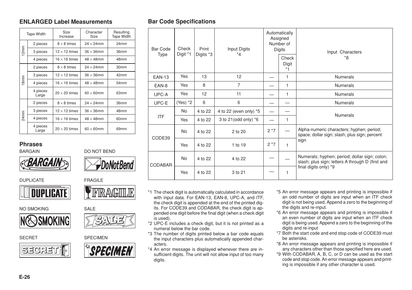 Enlarged label measurements phrases, Bar code specifications | Casio KL-8100 User Manual | Page 27 / 31