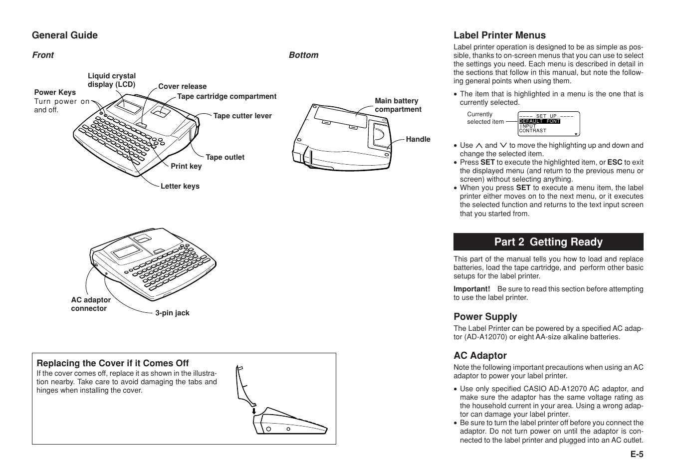 Part 2 getting ready, Label printer menus, Power supply | Ac adaptor, General guide, Bottom, Front replacing the cover if it comes off | Casio KL-8100 User Manual | Page 6 / 31