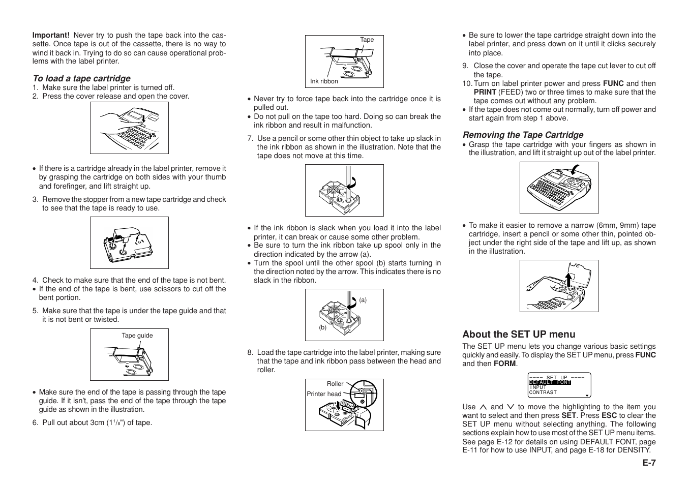 About the set up menu, Removing the tape cartridge | Casio KL-8100 User Manual | Page 8 / 31