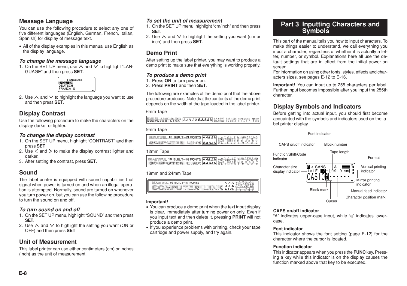 Part 3 inputting characters and symbols, Message language, Display contrast | Sound, Unit of measurement, Demo print, Display symbols and indicators | Casio KL-8100 User Manual | Page 9 / 31