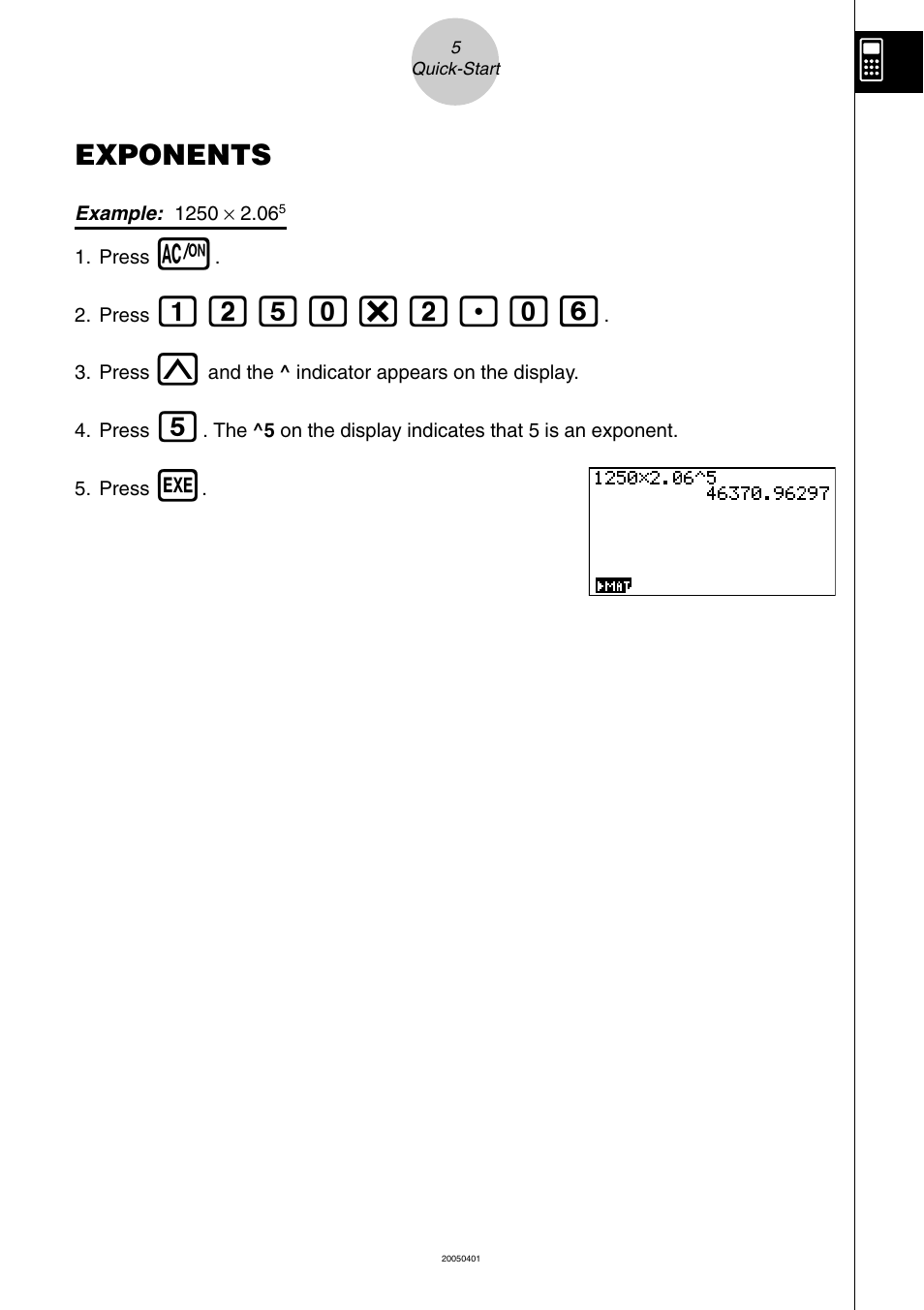 Exponents, Bcfa*c.ag | Casio fx-9860G SD User Manual | Page 10 / 596