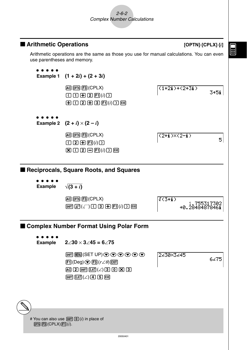 Kk arithmetic operations, Kk reciprocals, square roots, and squares, Kk complex number format using polar form | Casio fx-9860G SD User Manual | Page 109 / 596