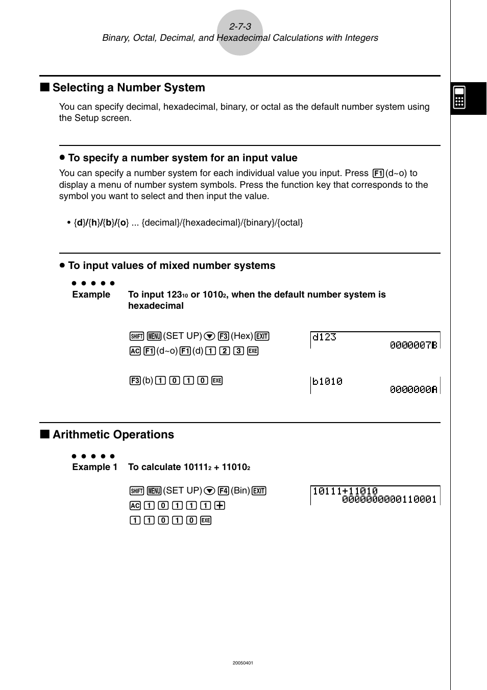 Kk selecting a number system, Kk arithmetic operations | Casio fx-9860G SD User Manual | Page 115 / 596