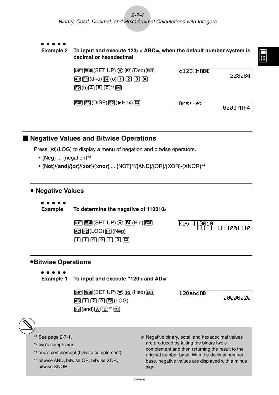 Kk negative values and bitwise operations, Negative values, Bitwise operations | Casio fx-9860G SD User Manual | Page 116 / 596