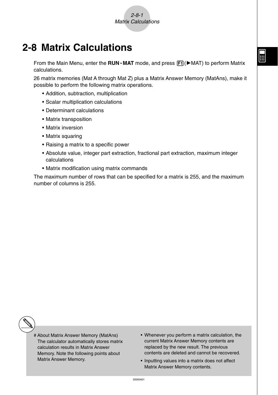 8 matrix calculations, Matrix calculations -8-1, Matrix calculations | Casio fx-9860G SD User Manual | Page 118 / 596