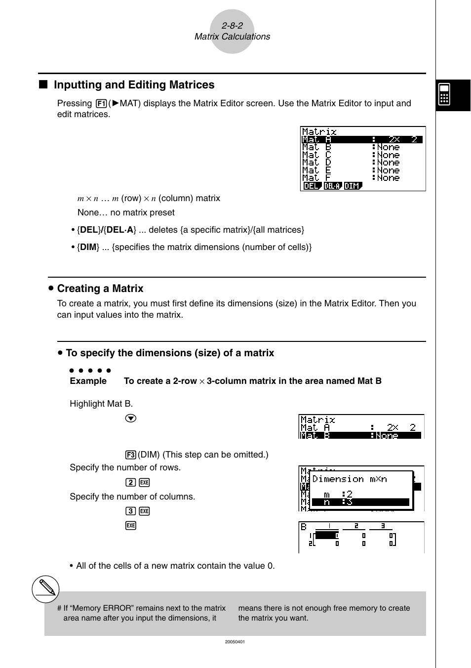 K inputting and editing matrices, Creating a matrix | Casio fx-9860G SD User Manual | Page 119 / 596