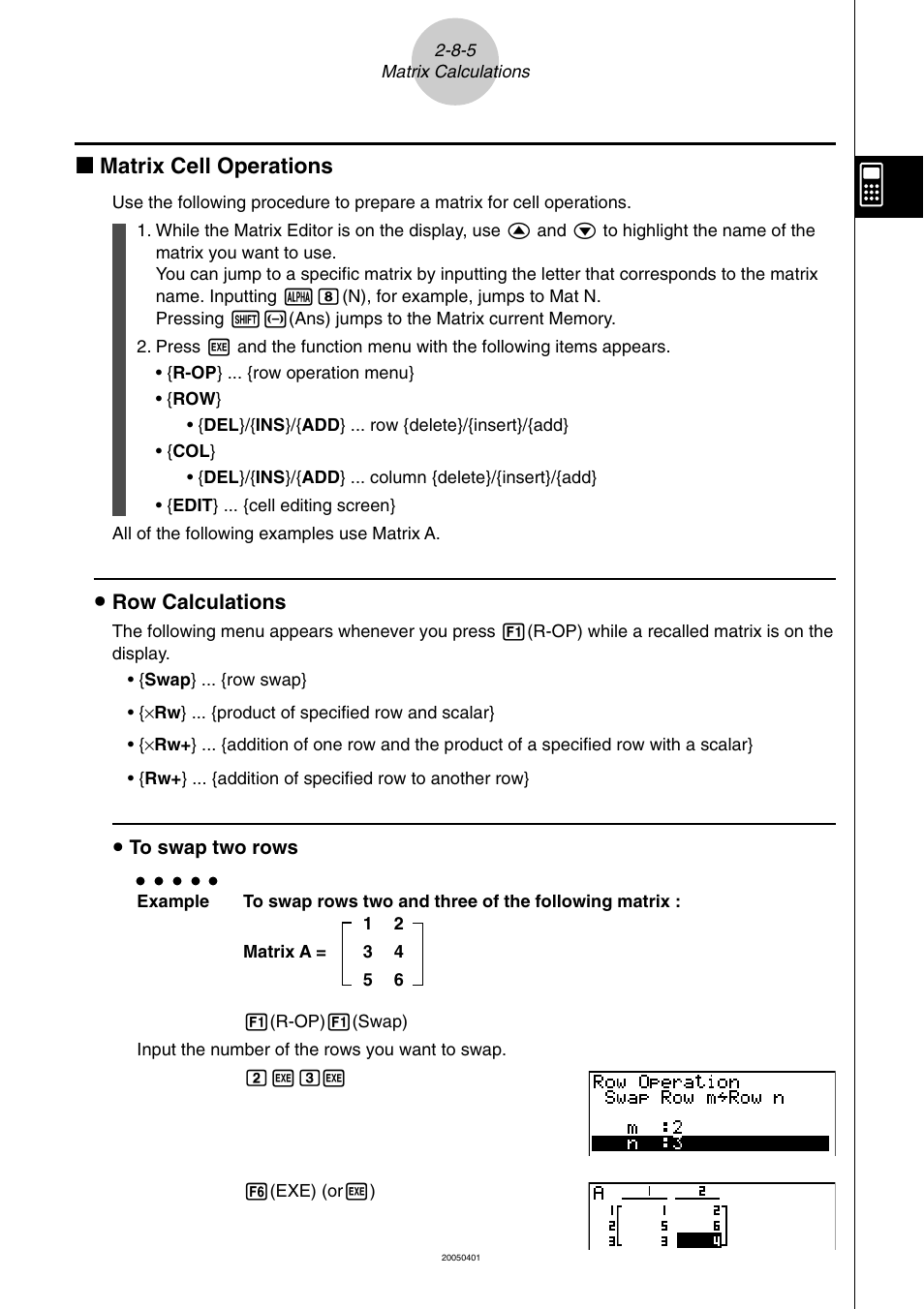 K matrix cell operations | Casio fx-9860G SD User Manual | Page 122 / 596