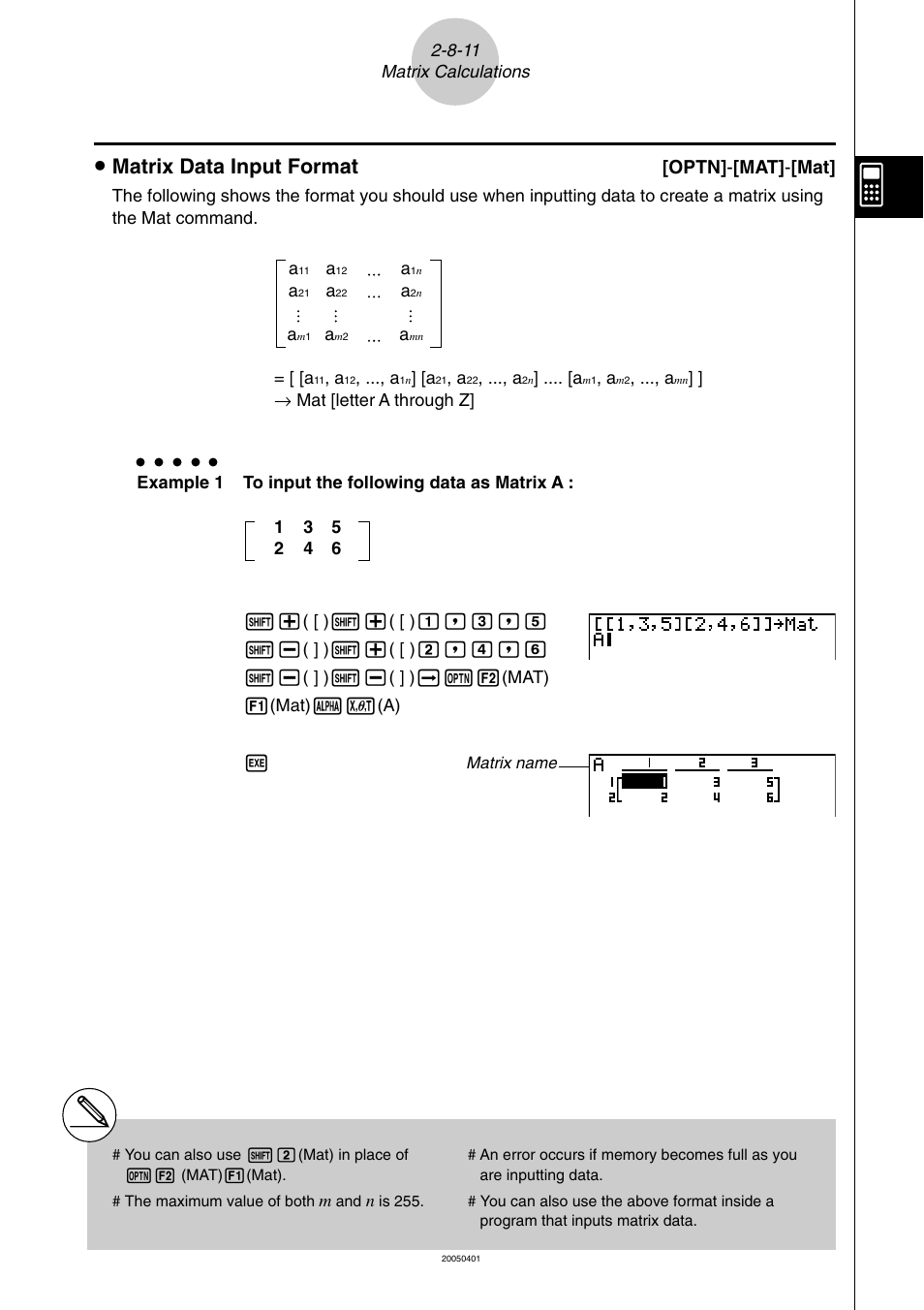 Matrix data input format, Optn] - [mat] - [mat | Casio fx-9860G SD User Manual | Page 128 / 596